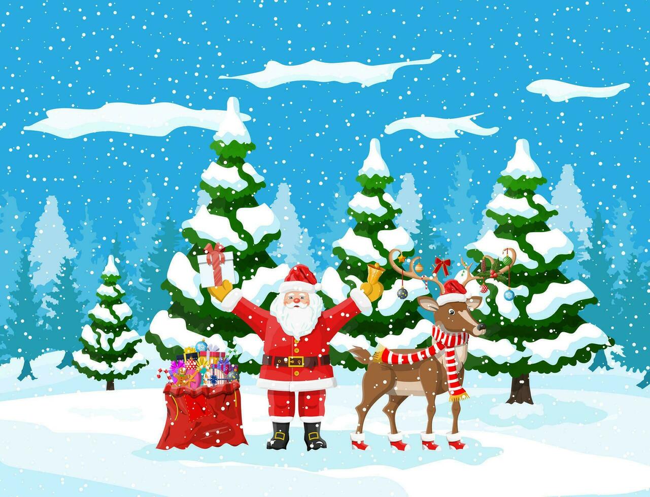 Christmas background. Santa claus with reindeer. Winter landscape with fir trees forest and snowing. Happy new year celebration. New year xmas holiday. Vector illustration flat style