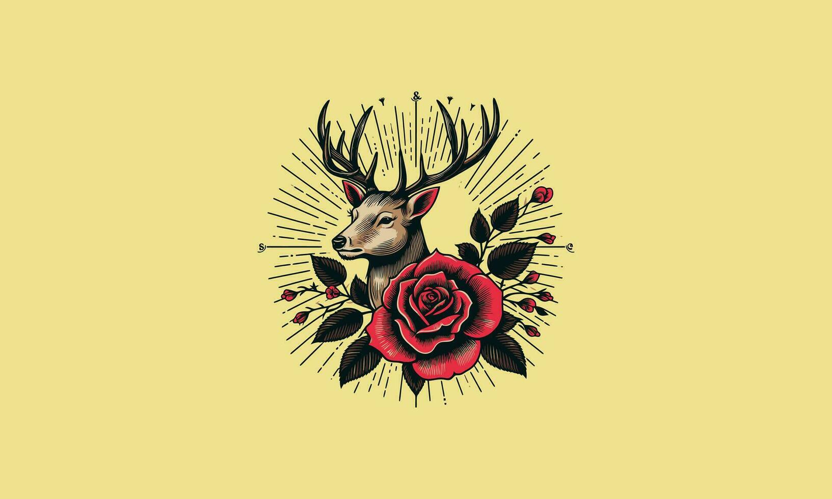 floral deer face and rose vector ink vector design