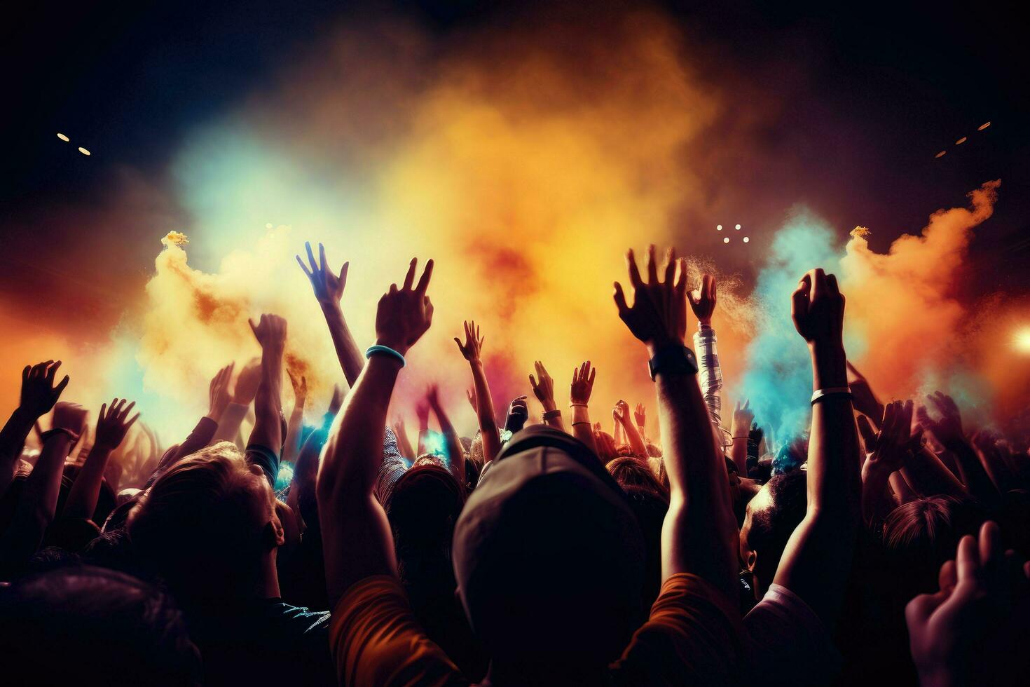 AI generated Cheering people in Music Festival, Live, rock concert, festival night club crowd cheering, stage lights and confetti falling. Cheering crowd in lights Ai generated photo
