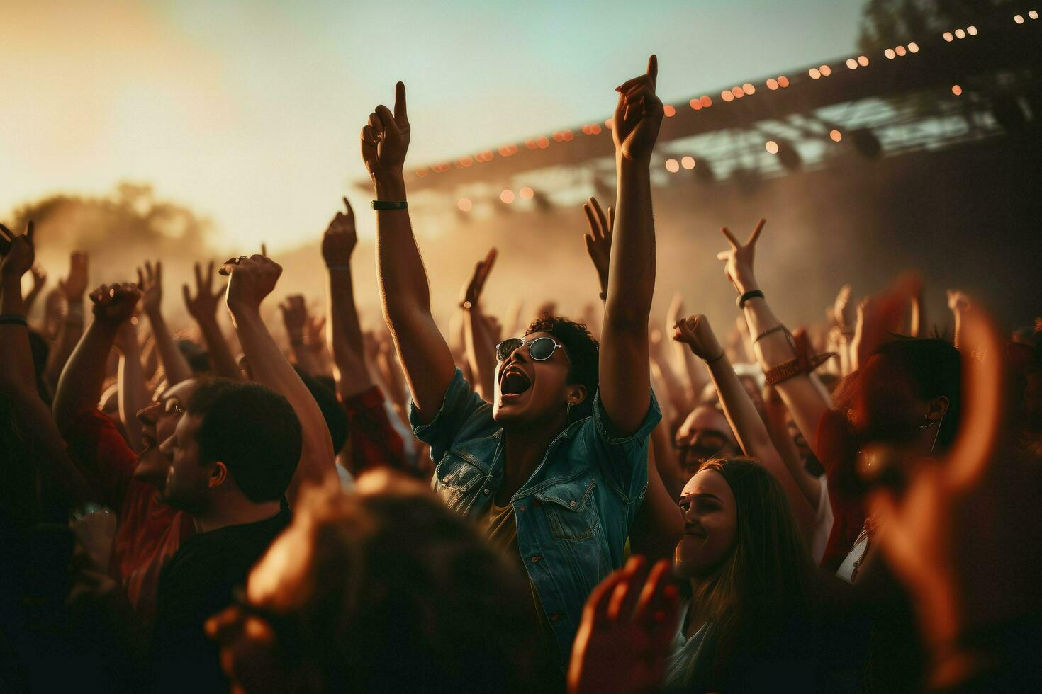 AI generated Cheering people in Music Festival, Live, rock concert, festival night club crowd cheering, stage lights and confetti falling. Cheering crowd in lights Ai generated photo