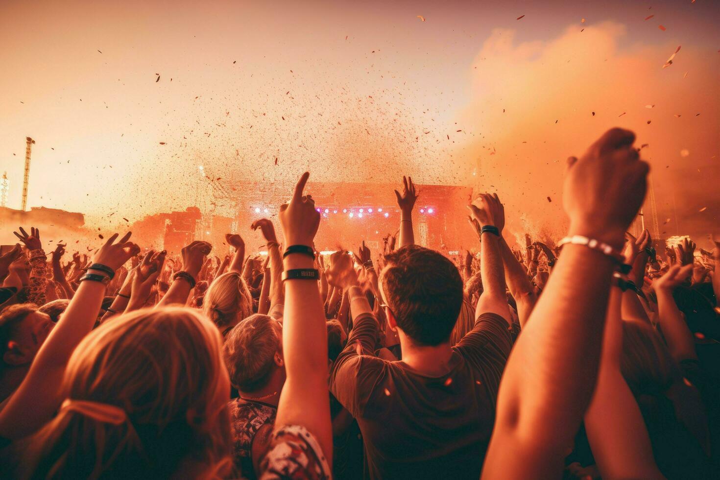AI generated Cheering people in Music Festival, Live, rock concert, festival night club crowd cheering, stage lights and confetti falling. Cheering crowd in lights Ai generated photo