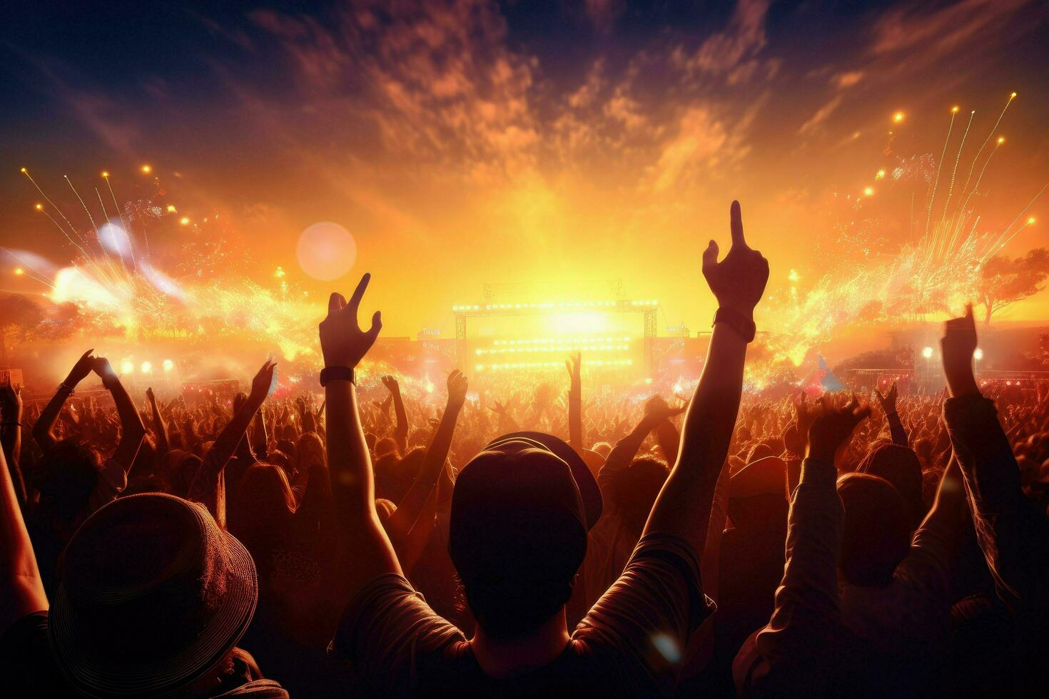 AI generated Cheering people in Music Festival, Live, rock concert, festival night club crowd cheering, stage lights and confetti falling. Cheering crowd in lights Ai generated photo