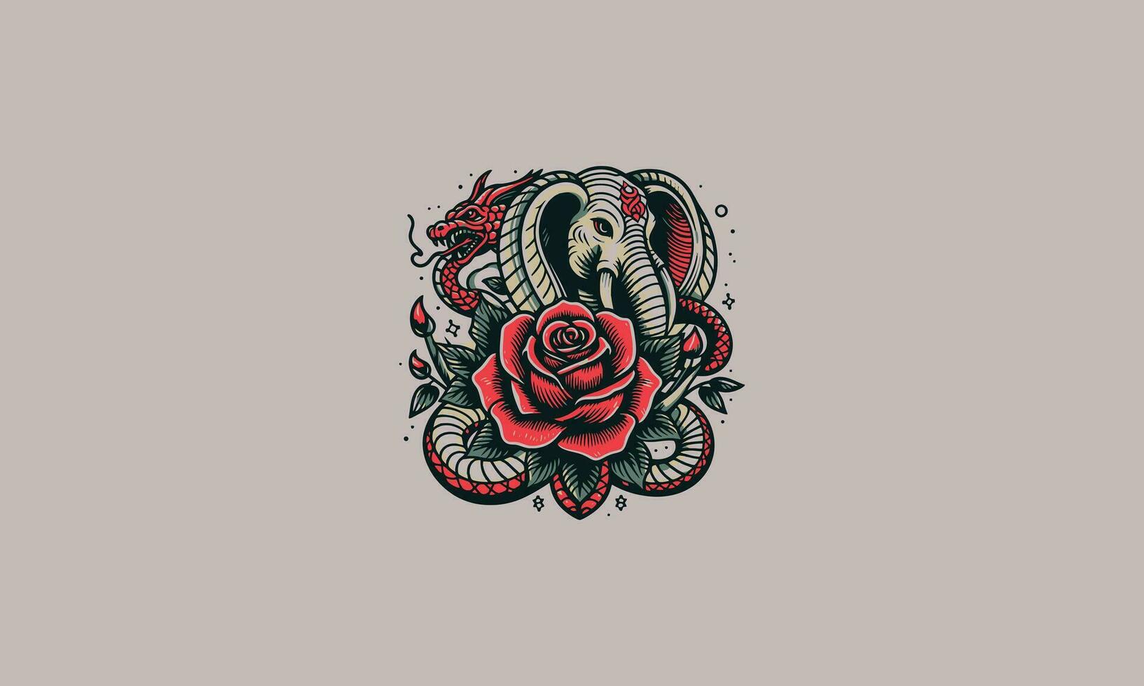 head elephant and red rose vector artwork design