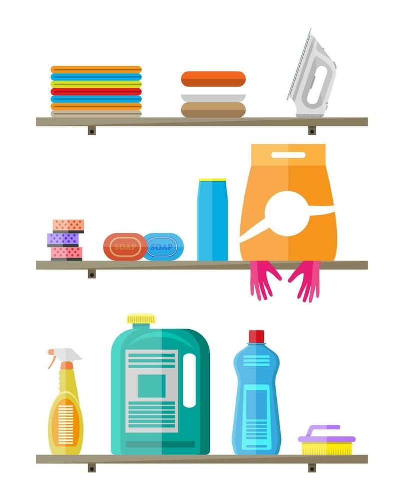 Household products on plastic shelves. cleaning products in bottles for floor and glass, rubber gloves, sponge, soap, iron, clothes, powder. vector illustration in flat style on white