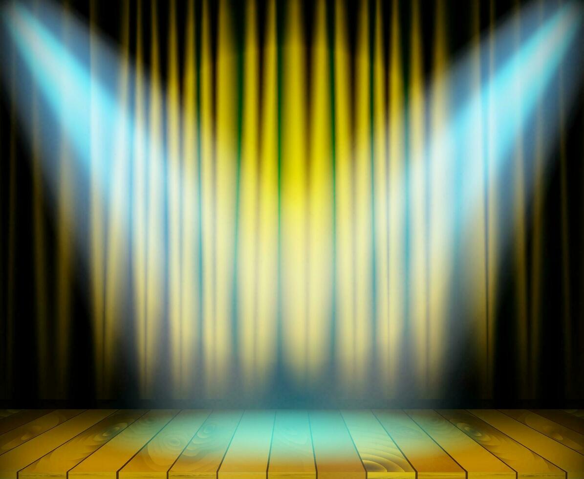 Theater stage with wooden floor and yellow curtain and a two white spotlights on sides. Vector illustration