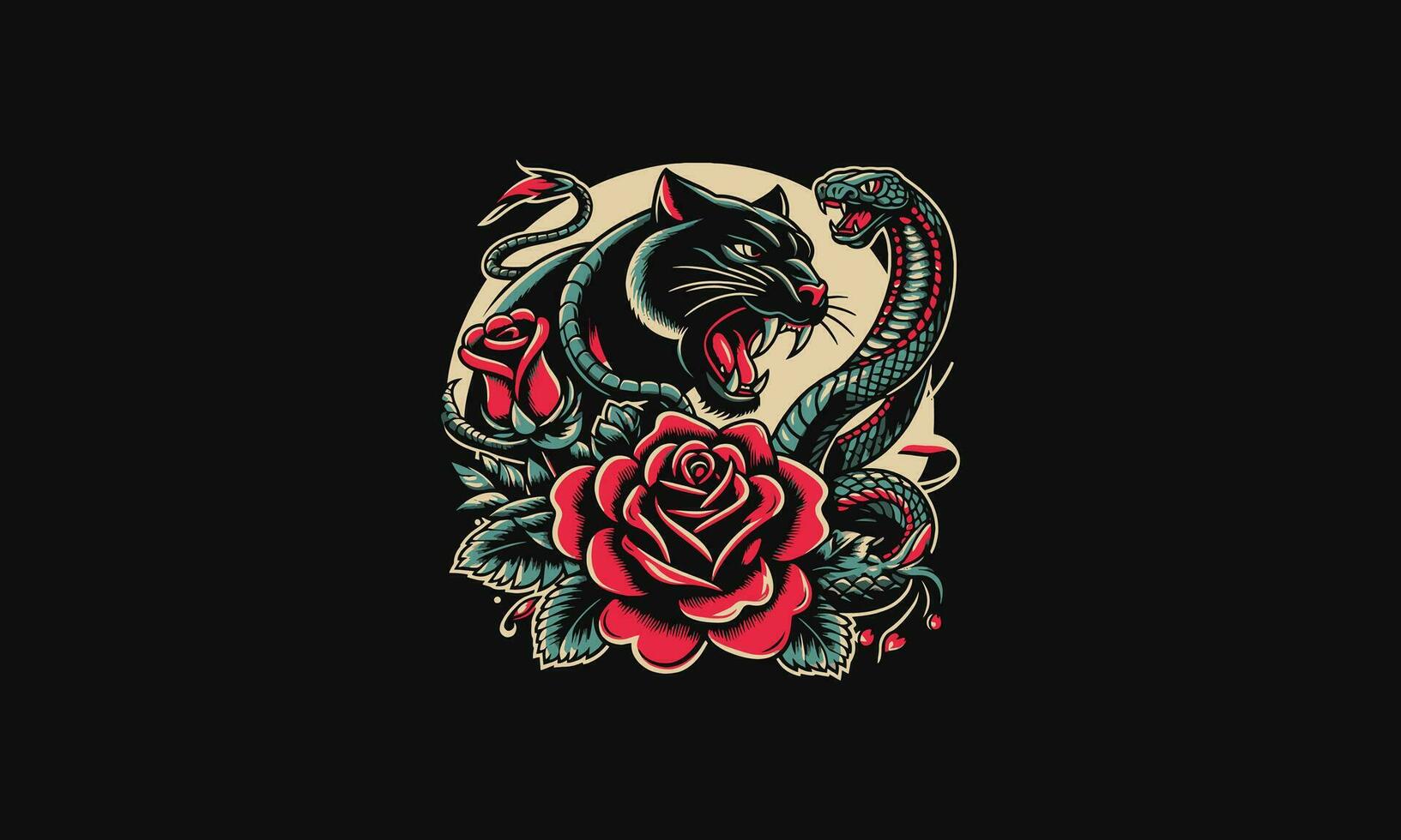 head panther and snake and rose vector tattoo design