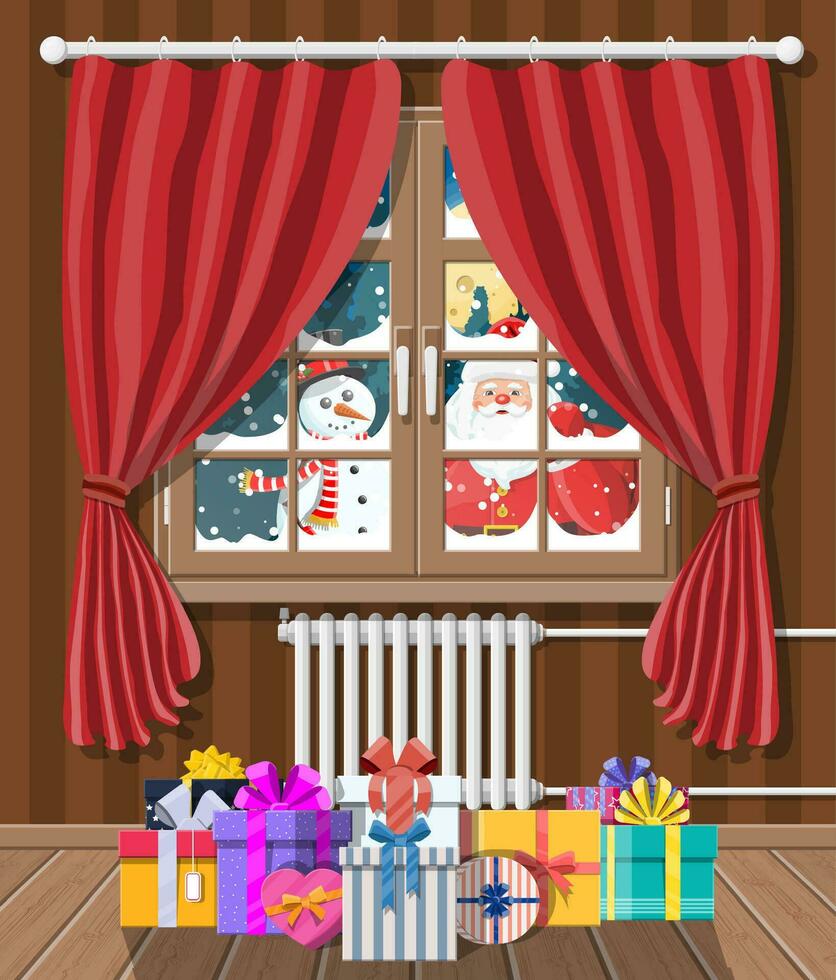 Santa and snowman looks in living room window. Gifts boxes. Happy new year decoration. Merry christmas holiday. New year and xmas celebration. Vector illustration flat style