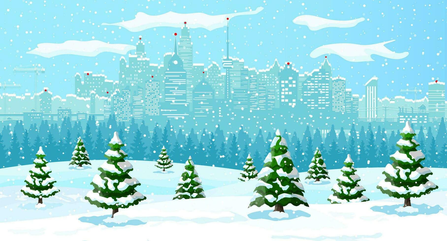 Christmas winter cityscape, snowflakes and trees. City park snow alley and buildings. Happy new year decoration. Merry christmas holiday. New year and xmas celebration. Vector illustration flat style