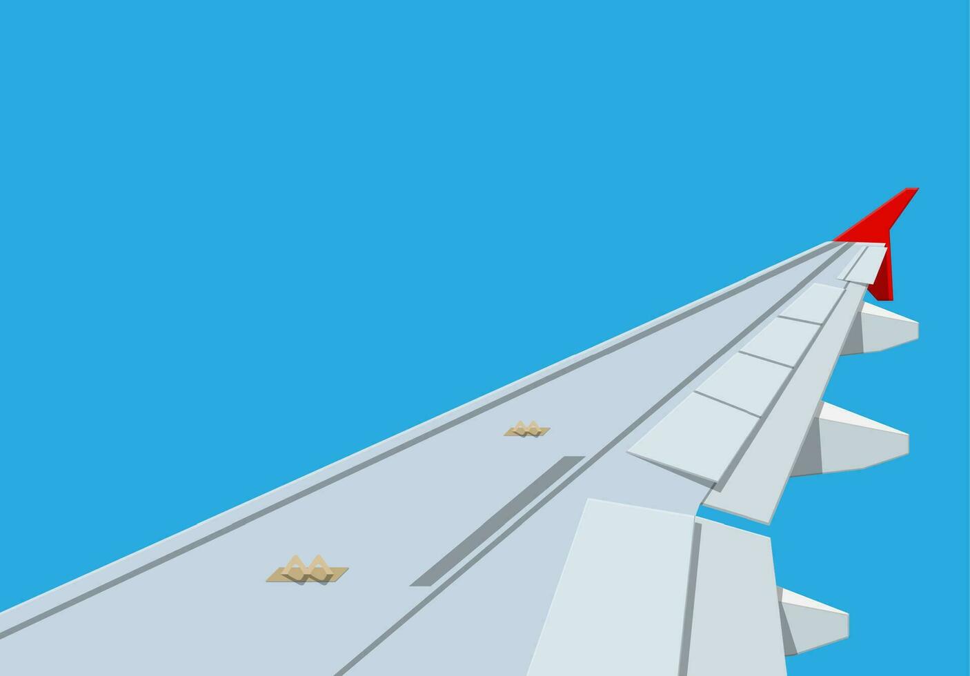 View of wing of aircraft in sky. Air journey or vacation concept. Vector illustration in flat style