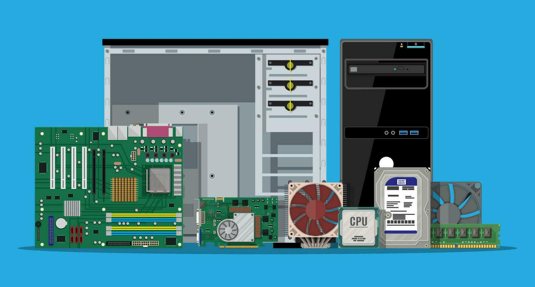 Motherboard, hard drive, cpu, fan, graphic card, memory, screwdriver and case. Set of personal computer hardware. PC components icons. Vector illustration in flat style