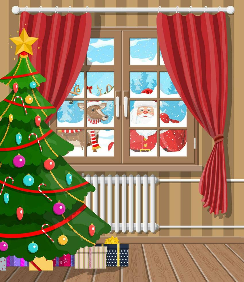 Santa claus and his reindeer looks in living room window. Interior of room with tree, gifts. Happy new year decoration. Merry christmas holiday New year xmas celebration Vector illustration flat style