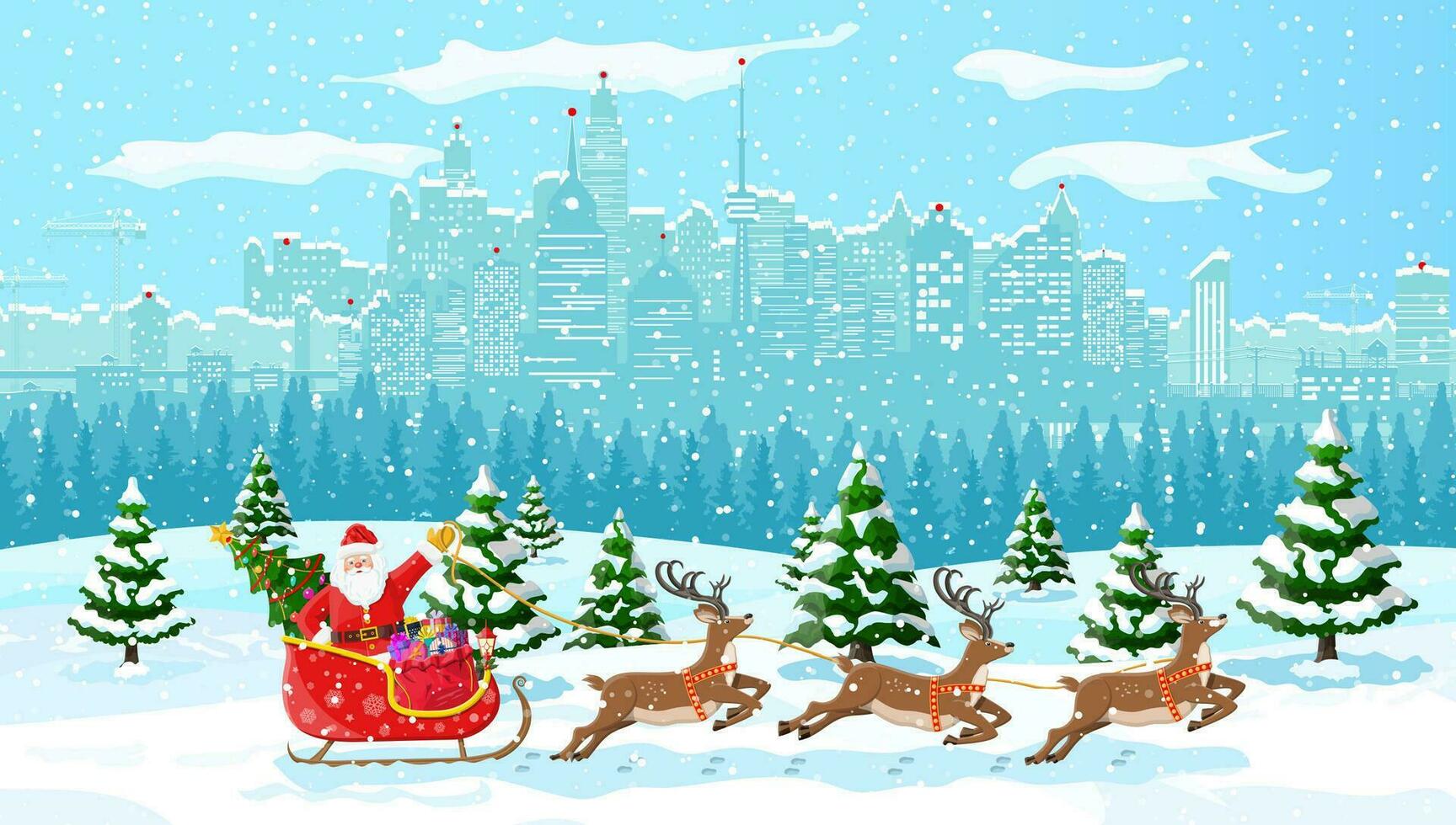 Papa Noel claus paseos reno trineo. Navidad invierno paisaje urbano, copos de nieve y arboles contento nuevo año decoración. alegre Navidad día festivo. nuevo año y Navidad celebracion. vector ilustración plano estilo