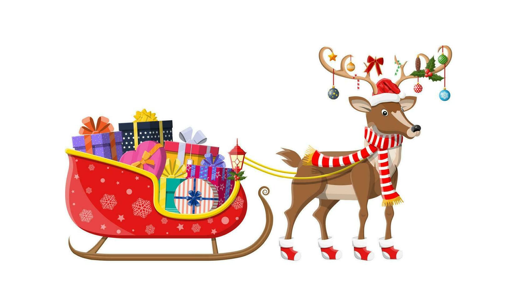 Santa claus sleigh full of gifts and his reindeer. Happy new year decoration. Merry christmas holiday. New year and xmas celebration. Vector illustration in flat style