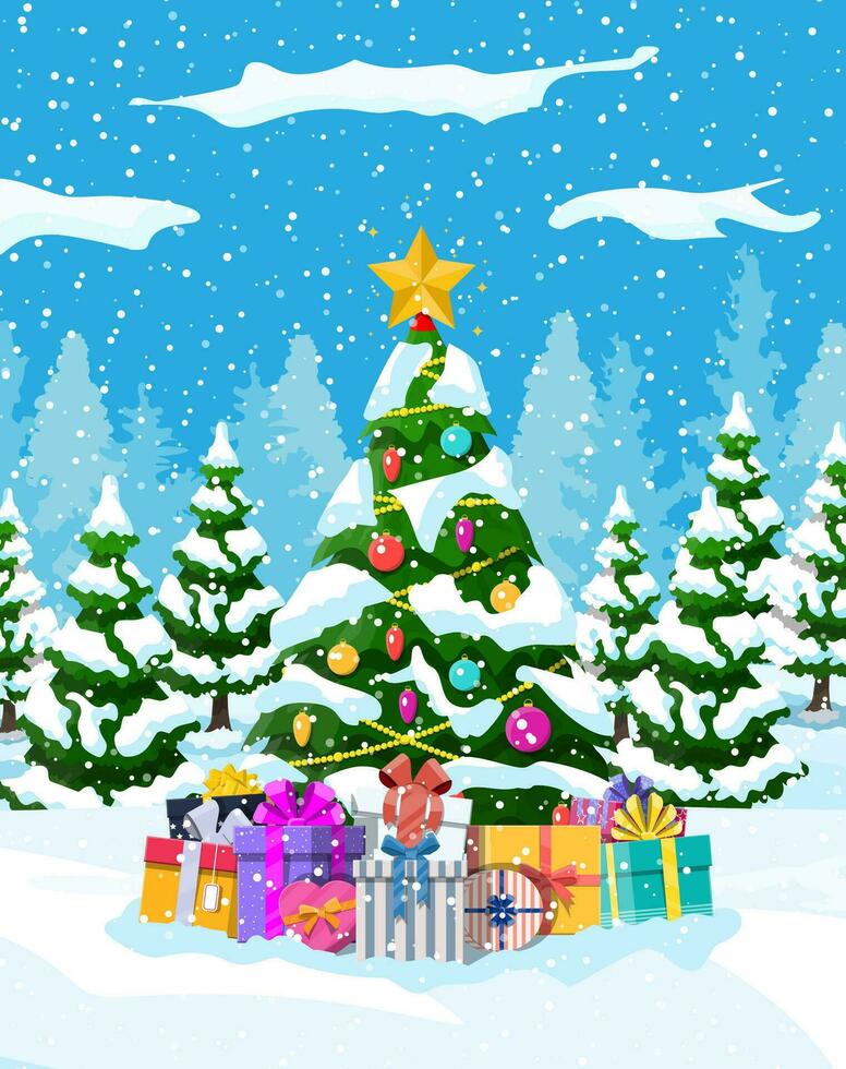 Christmas background. Christmas tree with garlands and balls, gift boxes. Winter landscape fir trees forest snowing. Happy new year celebration. New year xmas holiday. Vector illustration flat style