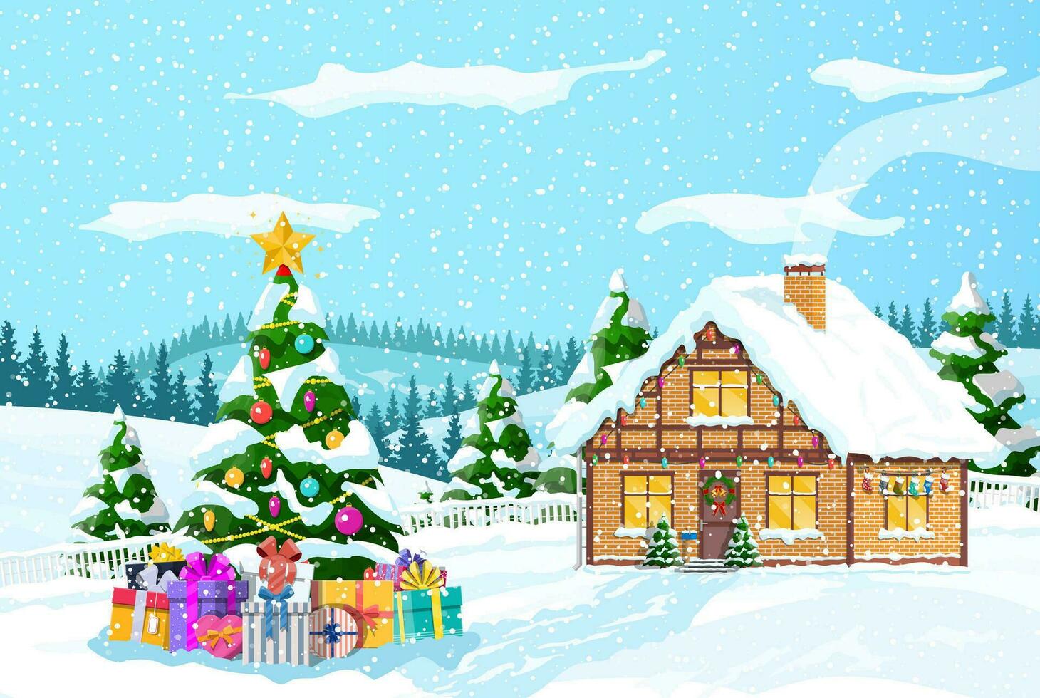 suburbano casa cubierto nieve. edificio en fiesta ornamento. Navidad paisaje árbol abeto. contento nuevo año decoración. alegre Navidad día festivo. nuevo año Navidad celebracion. vector ilustración