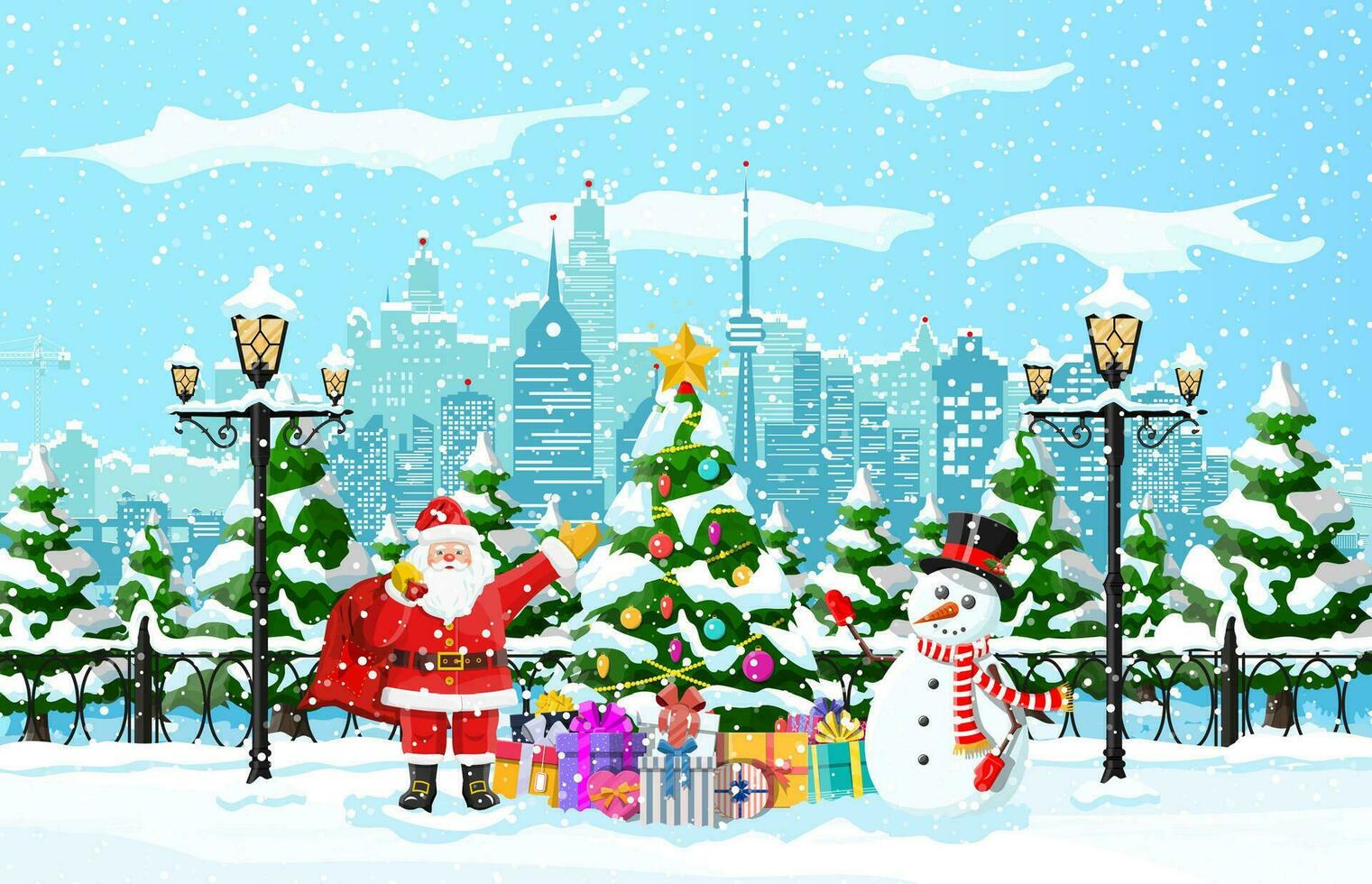 Papa Noel claus con muñeco de nieve. Navidad invierno paisaje urbano, copos de nieve y arboles contento nuevo año decoración. alegre Navidad día festivo. nuevo año y Navidad celebracion. vector ilustración plano estilo