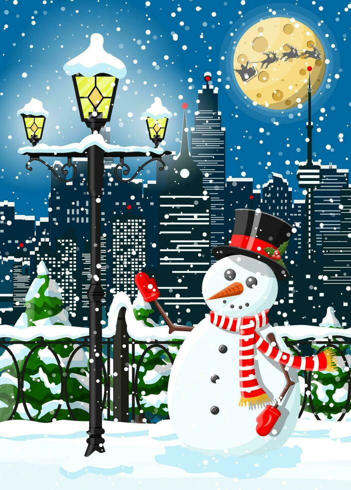 Christmas winter cityscape, snowman and trees. City park snow alley and buildings. Happy new year decoration. Merry christmas holiday. New year and xmas celebration. Vector illustration flat style