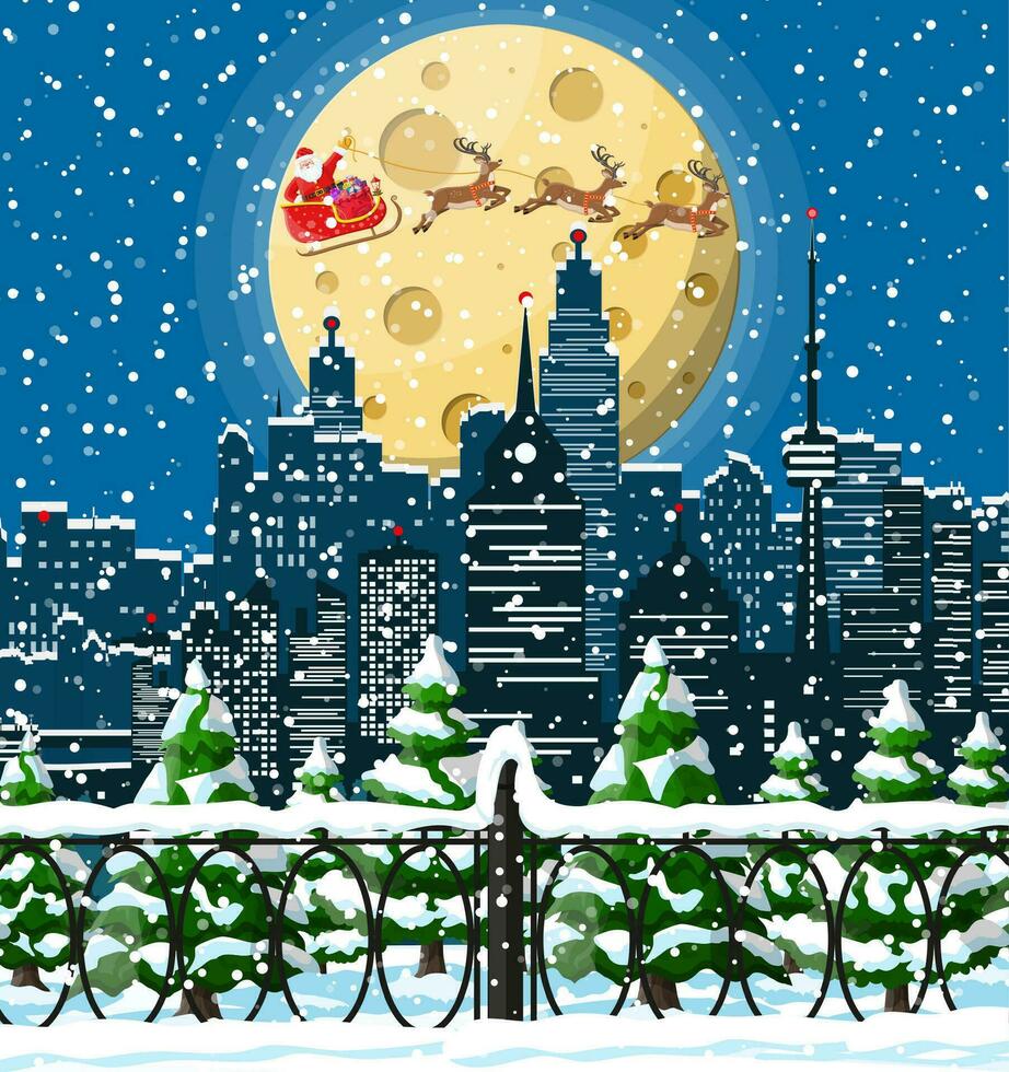 Papa Noel claus paseos reno trineo. Navidad invierno paisaje urbano, copos de nieve y arboles contento nuevo año decoración. alegre Navidad día festivo. nuevo año y Navidad celebracion. vector ilustración plano estilo