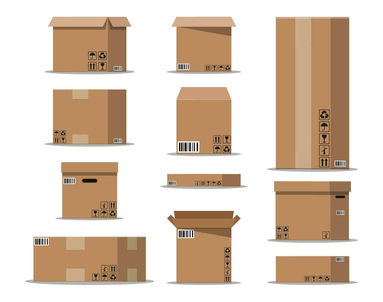 Pile cardboard boxes set. Carton delivery packaging open and closed box with fragile signs. Vector illustration in flat style