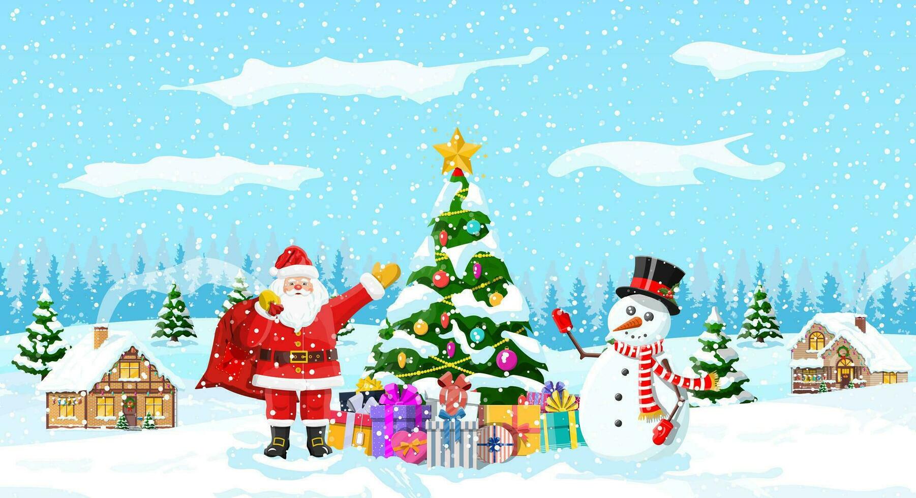 Christmas background. Christmas tree garlands balls gift boxes santa and snowman. Winter landscape fir trees forest snowing. New year celebration happy xmas holiday. Vector illustration flat style