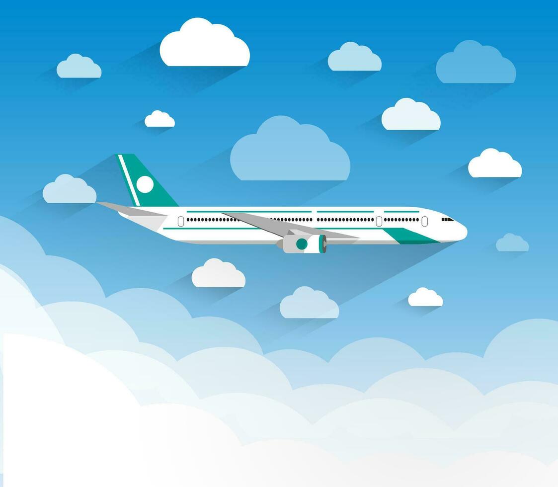 imagen de un civil avión con nubes con largo oscuridad. vector ilustración en plano diseño. viaje concepto