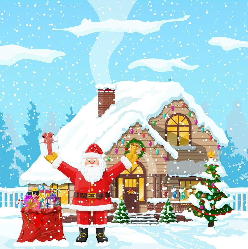 Christmas background. Santa claus with bag with gifts. Winter landscape with fir trees forest and snowing. Village. Happy new year celebration. New year xmas holiday. Vector illustration flat style