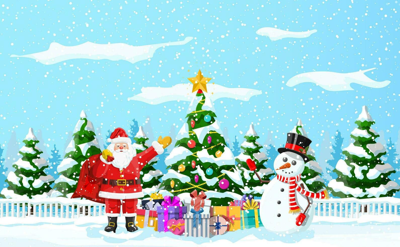 Christmas background. Christmas tree garlands balls gift boxes santa and snowman. Winter landscape fir trees forest snowing. New year celebration happy xmas holiday. Vector illustration flat style