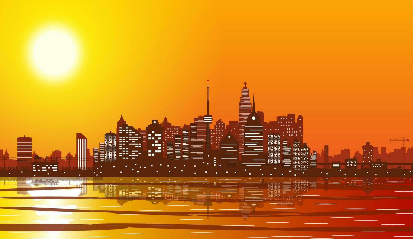 City skyline silhouette at sunset. Skyscappers, towers, office and residental buildings. Sea and cityscape under sunrise sky. Vector illustration