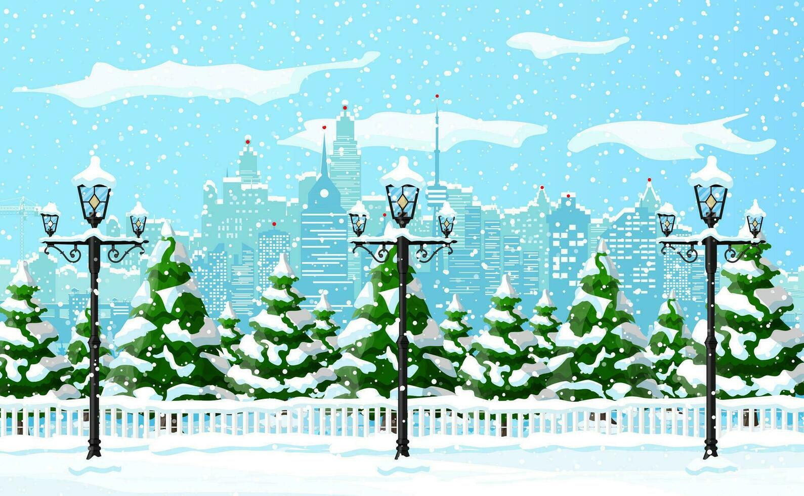 Navidad invierno paisaje urbano, copos de nieve y arboles ciudad parque nieve callejón y edificios contento nuevo año decoración. alegre Navidad día festivo. nuevo año y Navidad celebracion. vector ilustración plano estilo