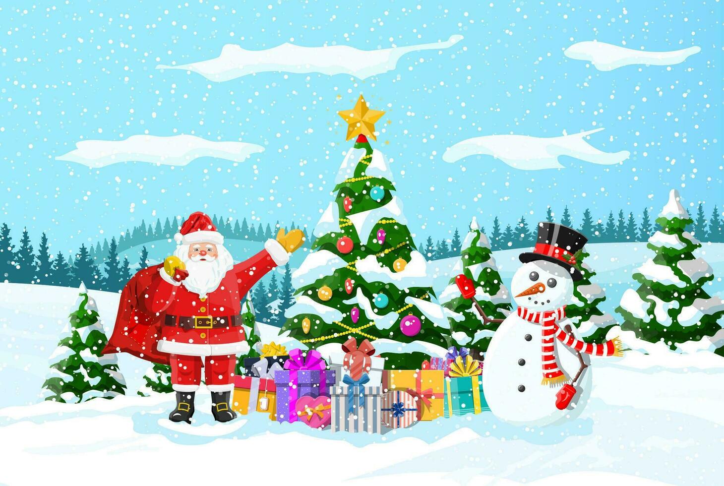 Navidad antecedentes. Navidad árbol guirnaldas pelotas regalo cajas Papa Noel y muñeco de nieve. invierno paisaje abeto arboles bosque nevando nuevo año celebracion contento Navidad día festivo. vector ilustración plano estilo
