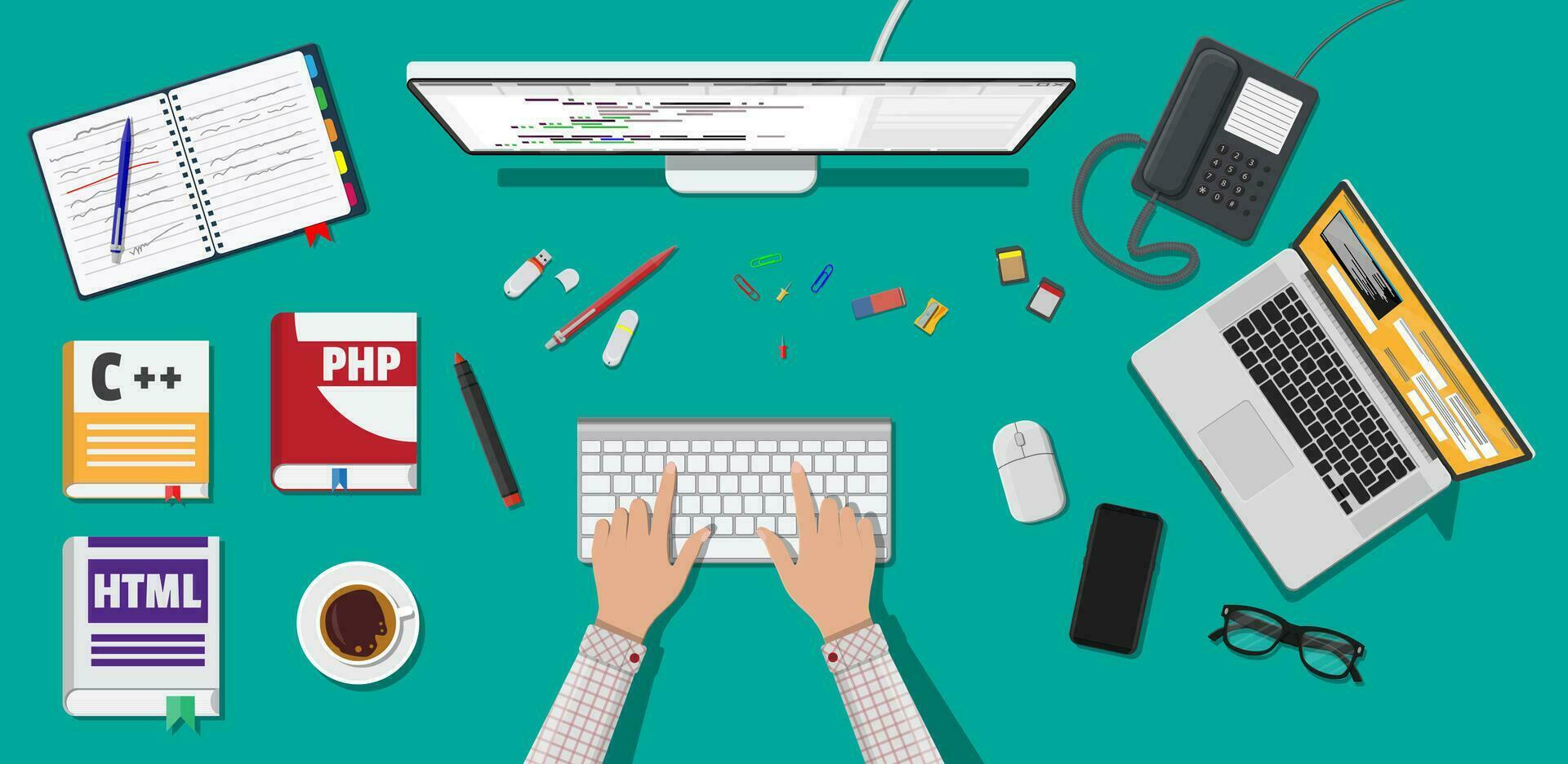 Workplace of programmer or coder. Desktop pc, laptop, books, phone, glasses. Software coding, programming languages, testing, debugging, web site, search engine seo Vector illustration in flat style