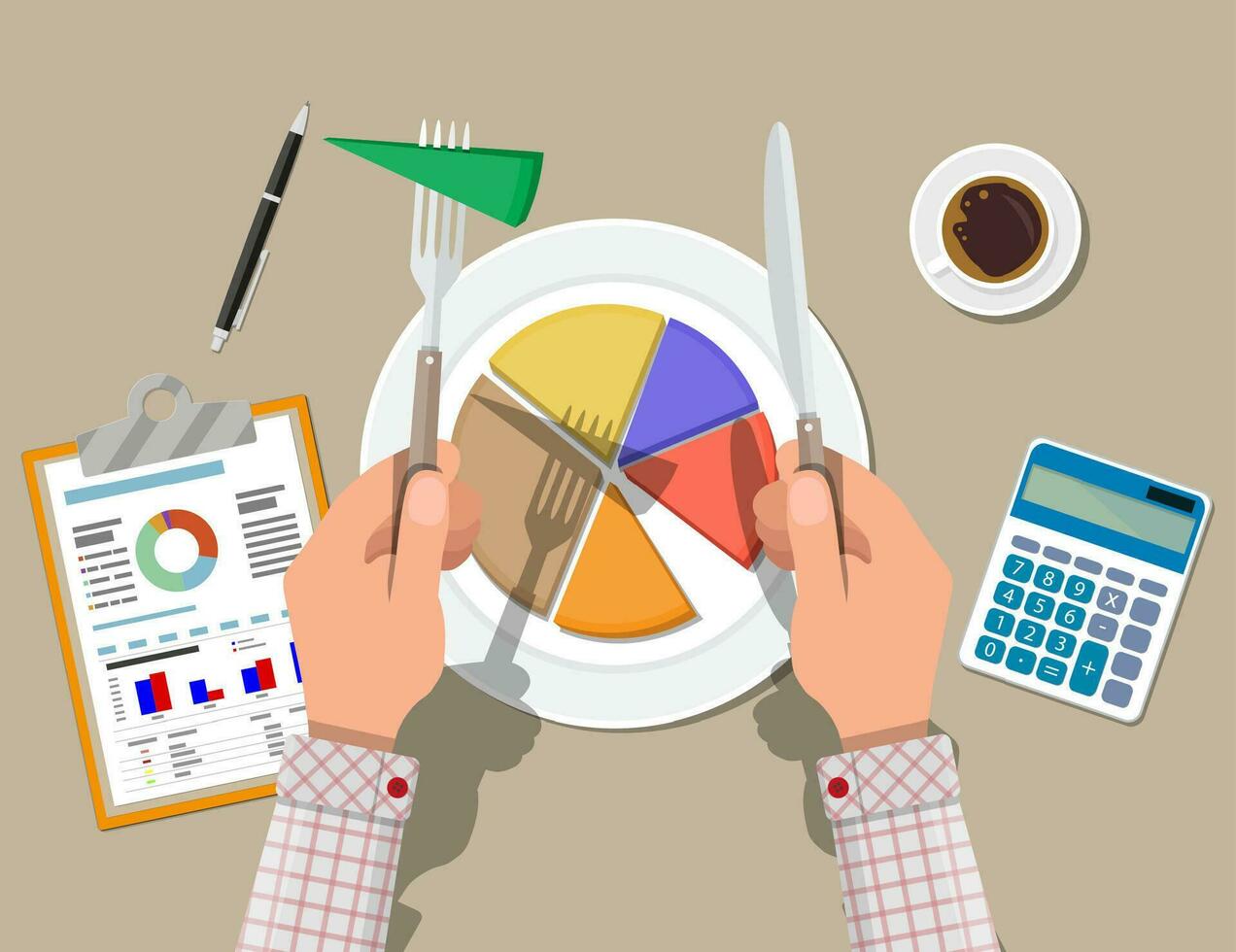 Businessman hands with knife and fork cut chart pie peace. Clipboard with financial reports, calculator, coffee cup, pen. Business concept. Vector illustration in flat design