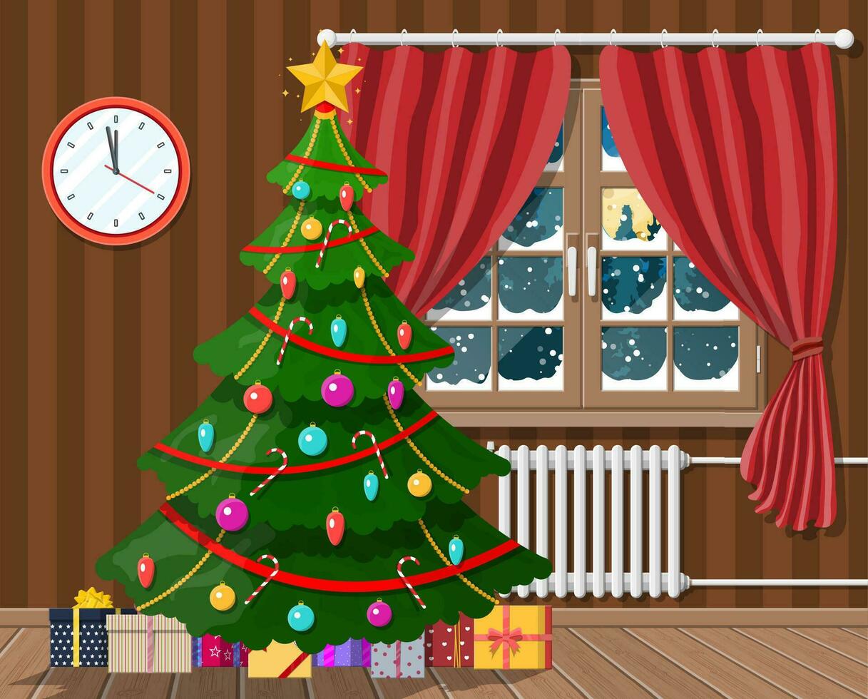 Interior of room with christmas tree and gifts. Happy new year decoration. Merry christmas holiday. New year and xmas celebration. Vector illustration flat style