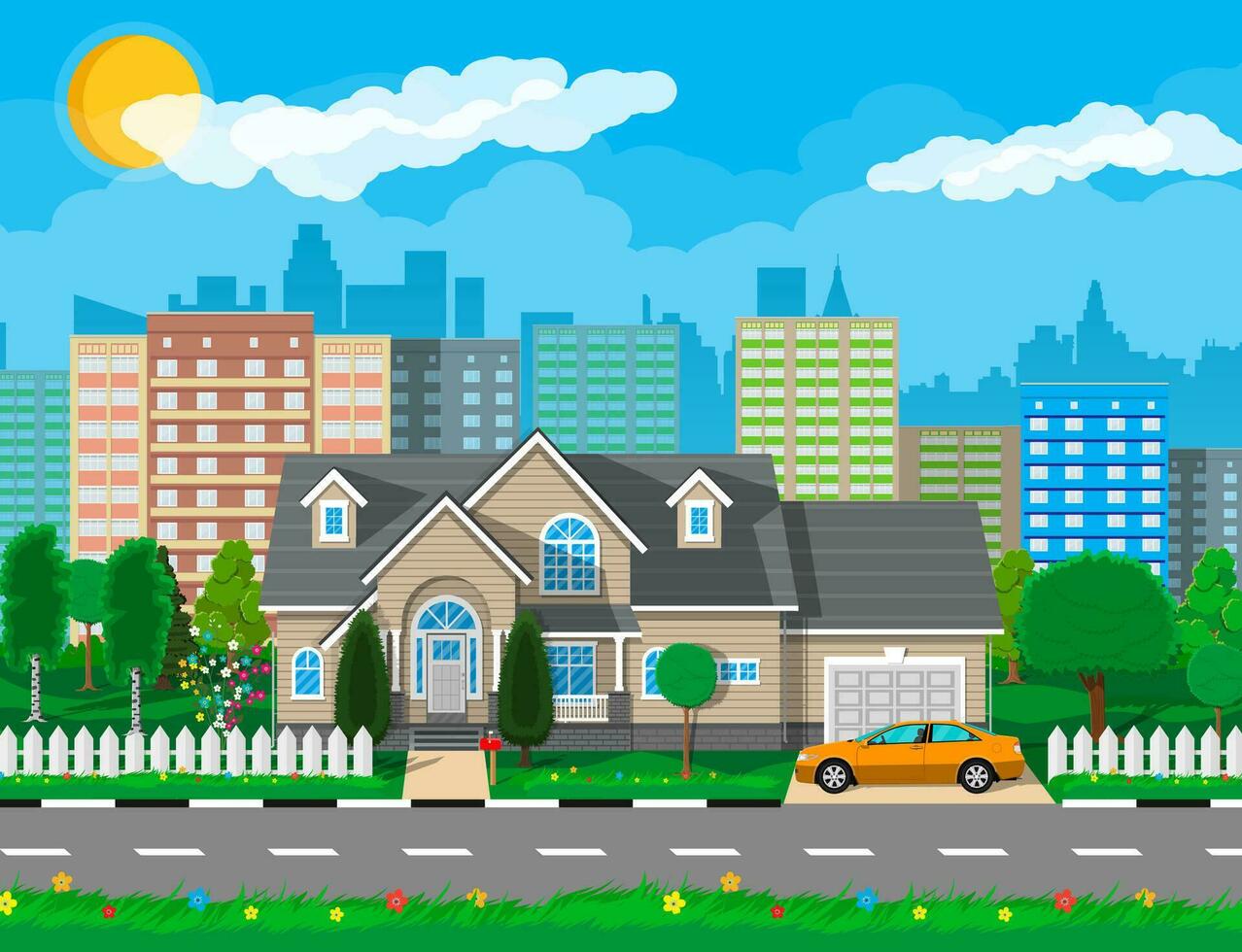 Private suburban house with car, trees, road, sky and clouds. Cityscape. City suburbs. Vector illustration in flat style