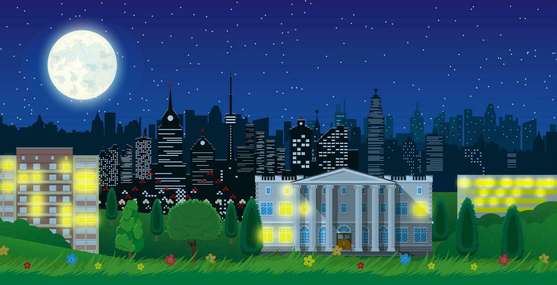 Modern city view in night. Cityscape with office and residental buildings, city park with trees and flowers, sky, moon and stars. Vector illustration in flat style