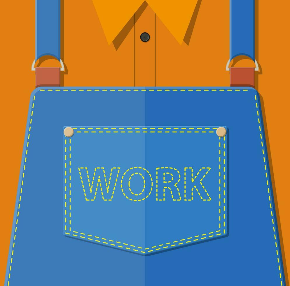 Blue jeans apron with outsets and pocket. Orange shirt. Manual worker clothes. Vector illustration in flat style