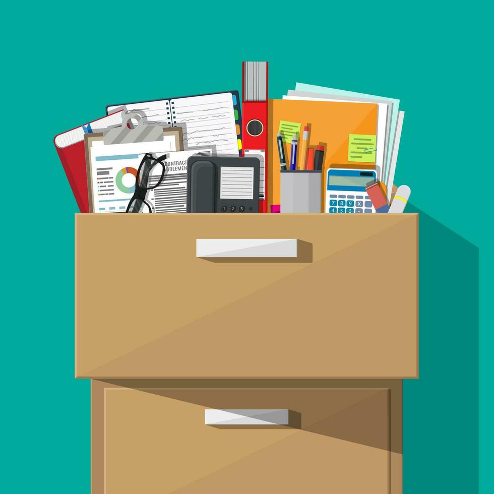Office furniture. Case, box with folders, document papers, contract, calculator, pen and pencils, eyeglasses, book, ring binder and phone. Cabinet, locker drawer Vector illustration in flat design