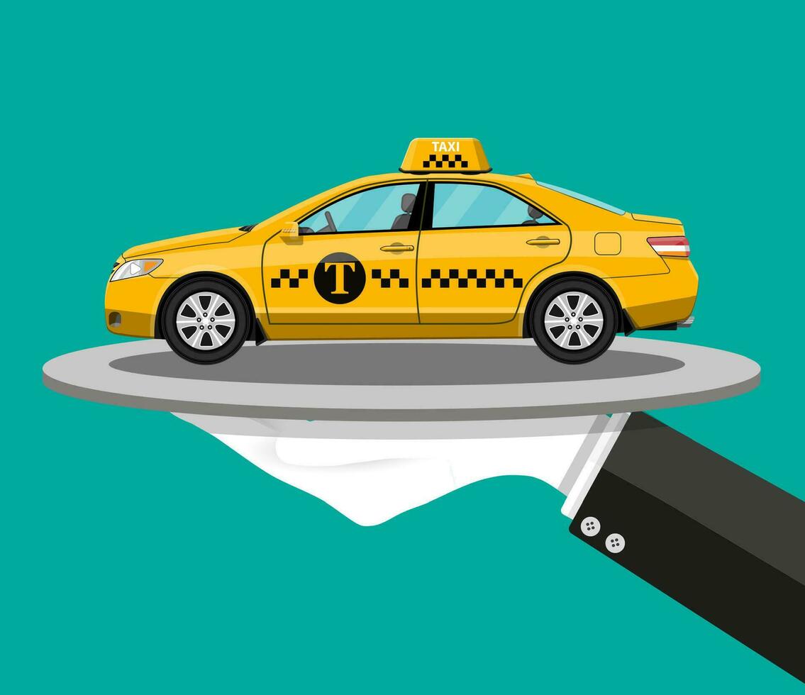 Driver hand with silver cloche serving yellow taxi cab car on plate. Taxi service concept. Vector illustration in flat style