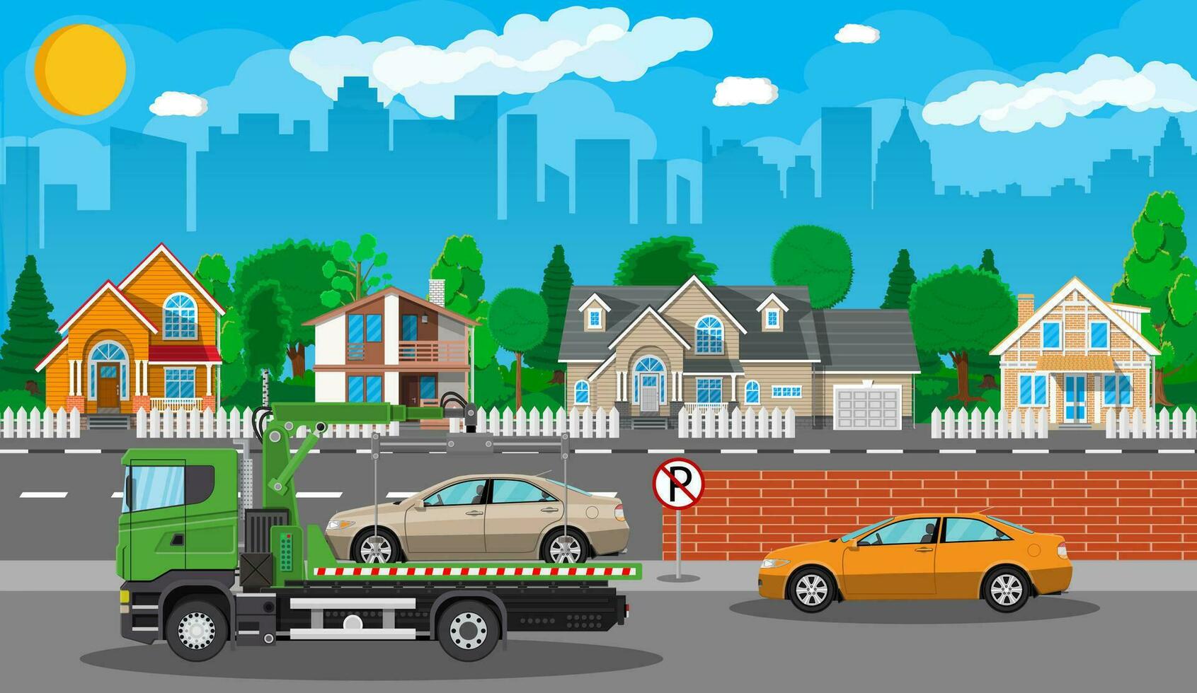 Tow truck takes car. Parking is prohibited. City road side assistance service. Evacuator car vehicle. Cityscape, suburb, house, tree. Road, sky, clouds. Vector illustration in flat style