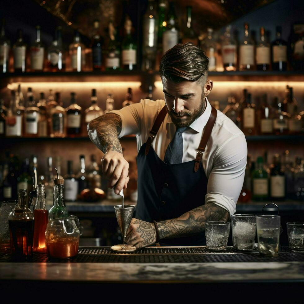 ai generado barman es haciendo un cóctel en un Club nocturno a el bar mostrador , experto barman es haciendo cócteles a el bar ai generado foto