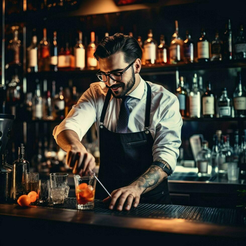 AI generated Bartender is making a cocktail in a nightclub at the bar counter , Expert barman is making cocktails at the bar Ai generated photo