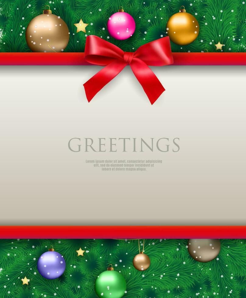 White text place with red ribbons and bow at background with christmas tree with color glass balls, chains and gold stars. template for greetings christmas new year card. vector illustration