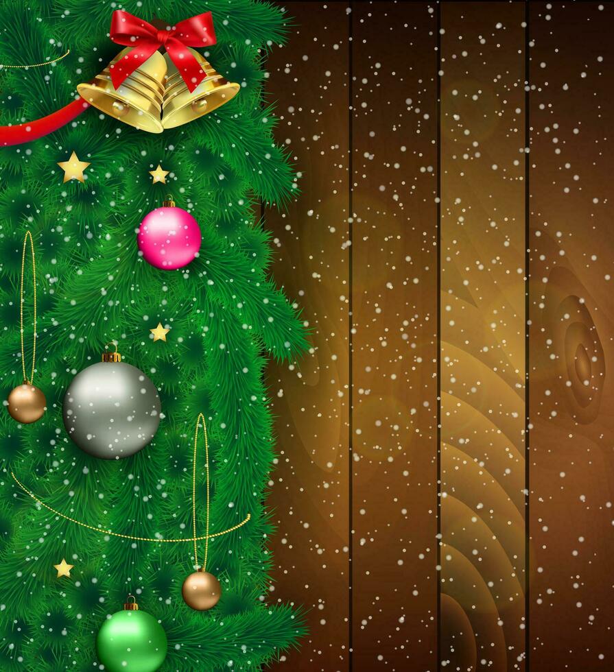 Part of christmas tree with red silver gold and green glass balls, chains, stars, bow with bell at ribbon, snowflakes. at wooden background. template for greeting or postal card, vector illustration