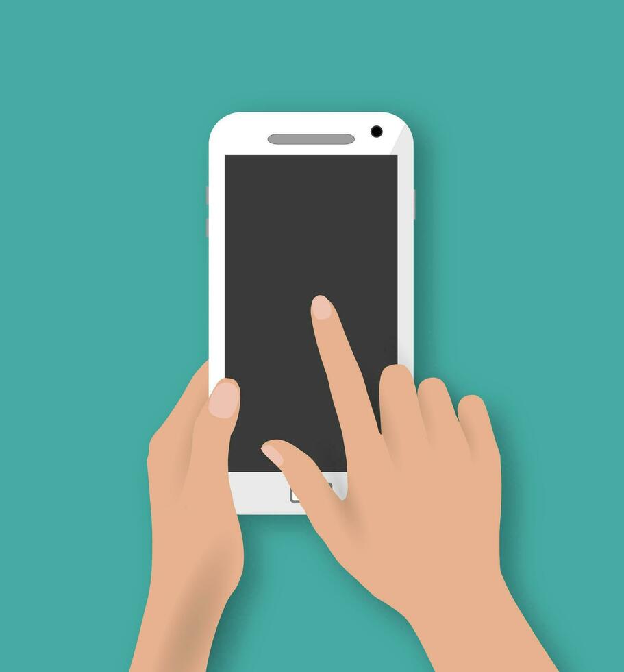 Hand touching screen of white phone at green backgound with shadows. Vector illustration in flat design. Concept for web design, promotion templates, infographics. vector illustration