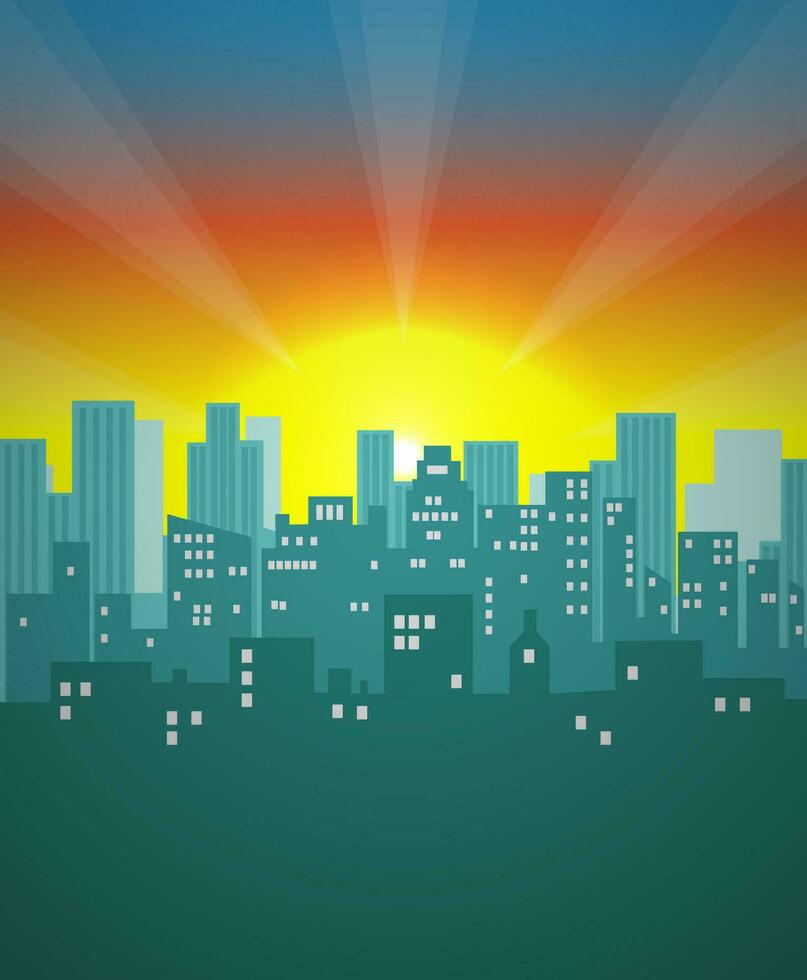 Cityscape background. Urban landscape. Downtown with skyscrapers on sunrise. Vector illustration in flat illustration.