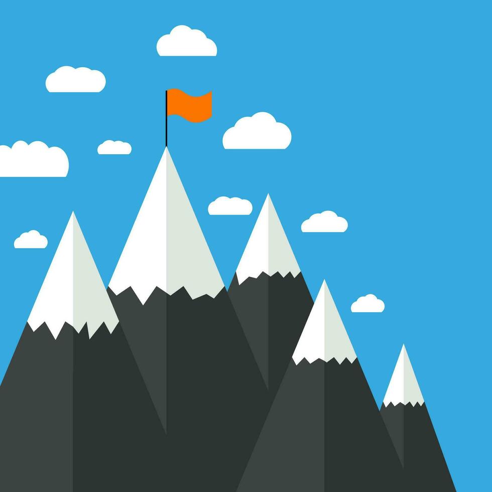 Flat design modern vector illustration concept with flag on the mountain peak