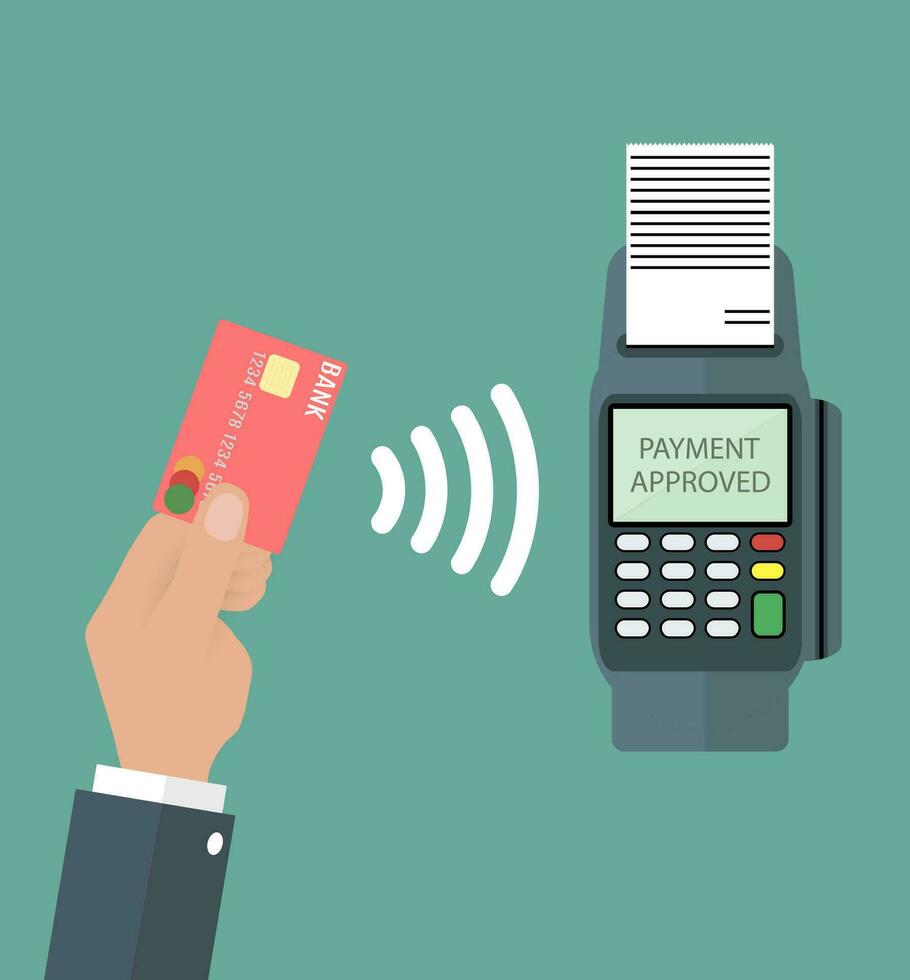 Pos terminal confirms the payment by debit credit card. Vector illustration in flat design on blue background. nfc payments concept