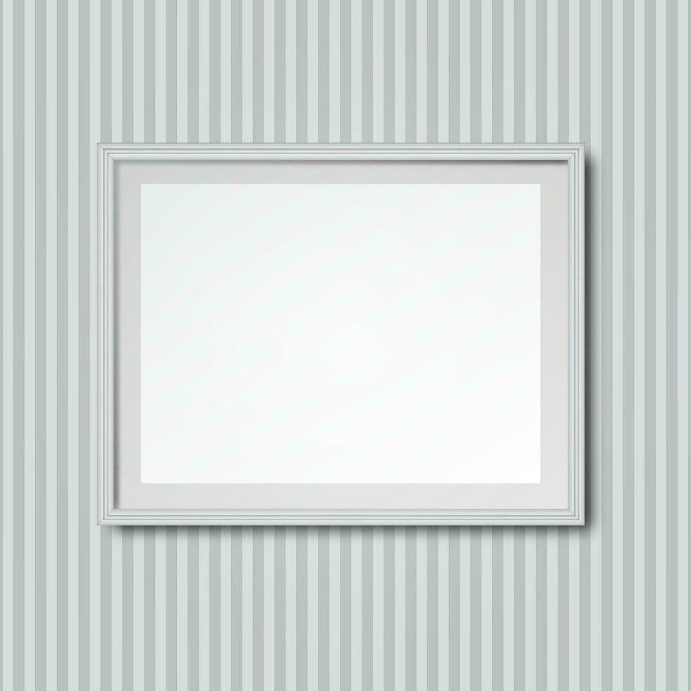White grey striped wall with realistic wooden white picture photo frame. vector illustration