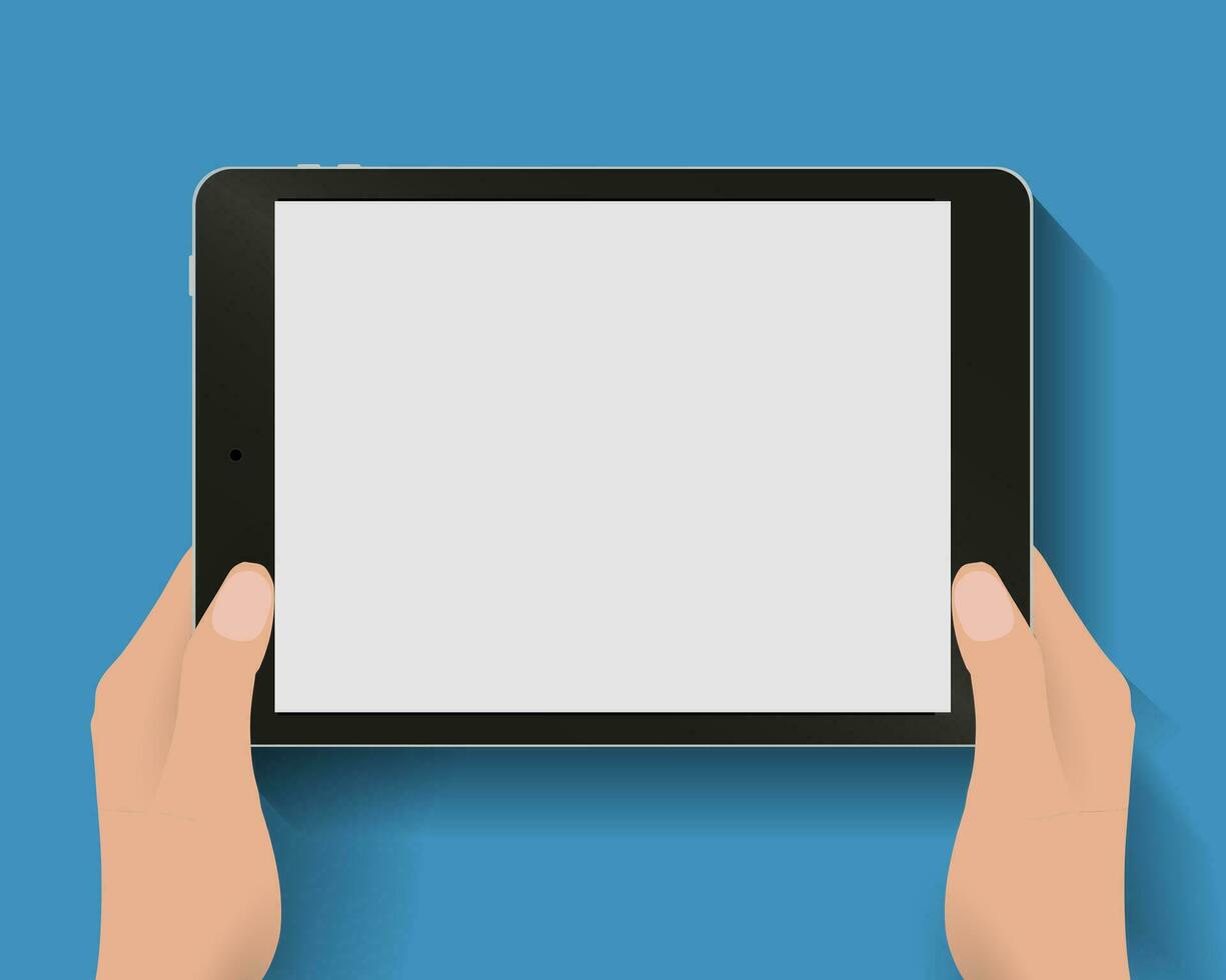 Hands holding black tablet computer at blue backgound with shadows. Vector illustration in flat design. Concept for web design, promotion templates, infographics. vector illustration
