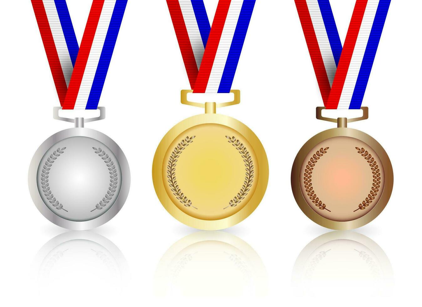 Set of gold, silver and bronze medals with reflection, vector illustration on white background